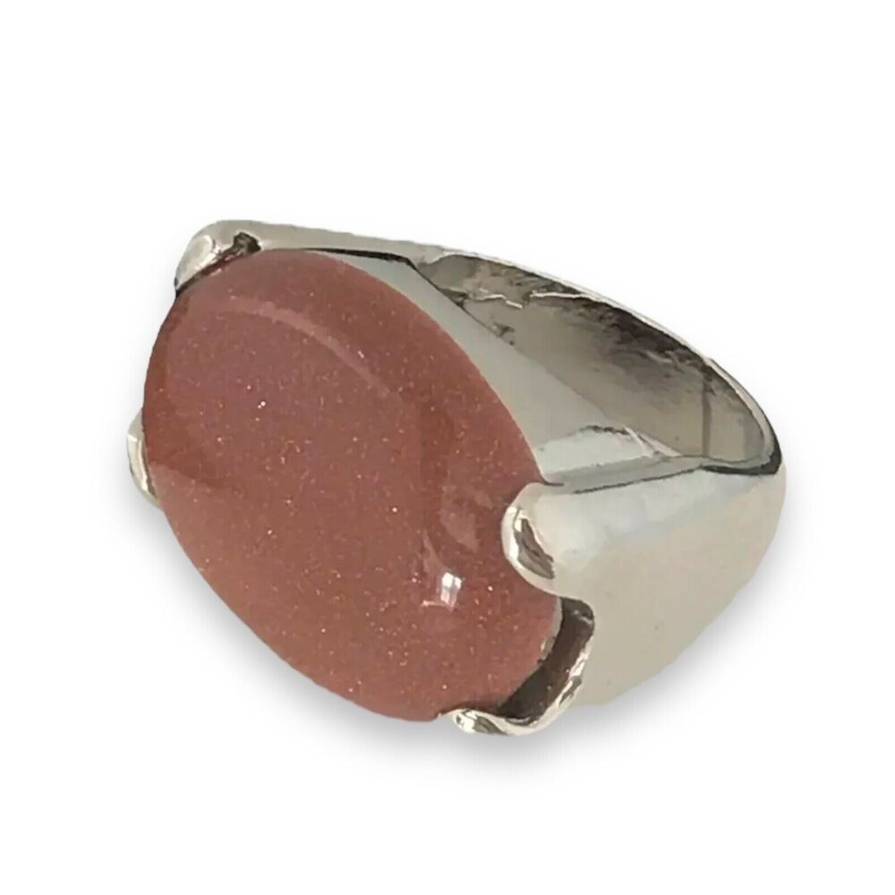 New Statement Ring Goldstone Cabochon Silver Tone - 4N